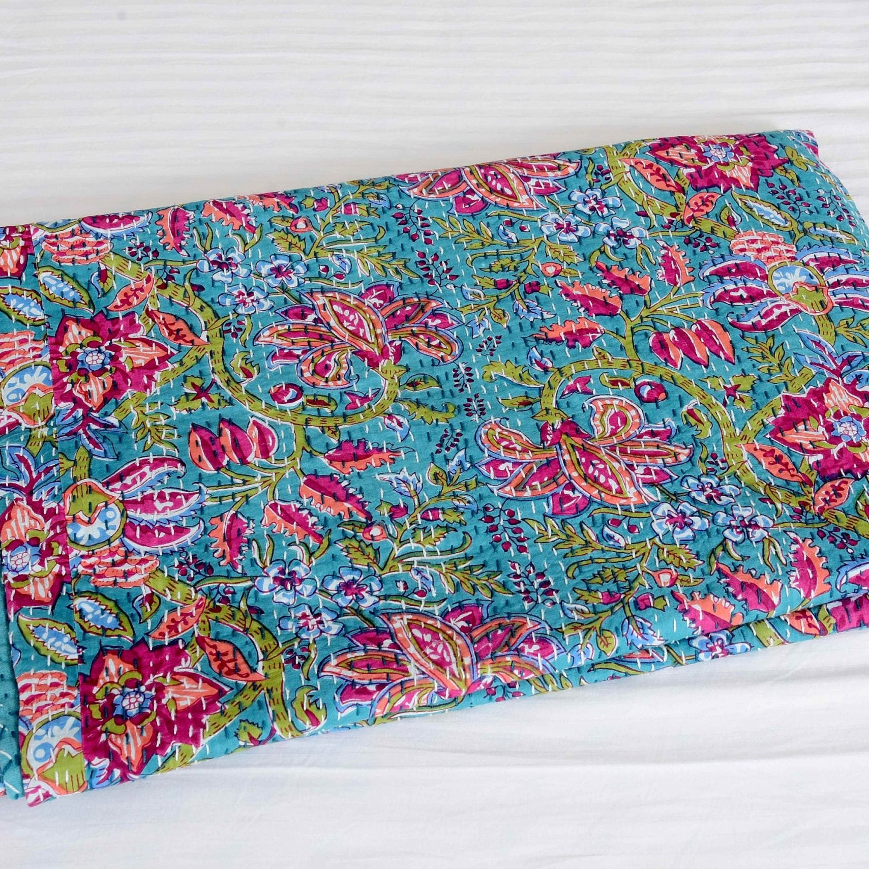 Linen Connections Kantha Quilt Indian Quilt Block Print Quilt Bedspread Bohemian Boho Cotton Throw Quilt Handmade Baby Blanket