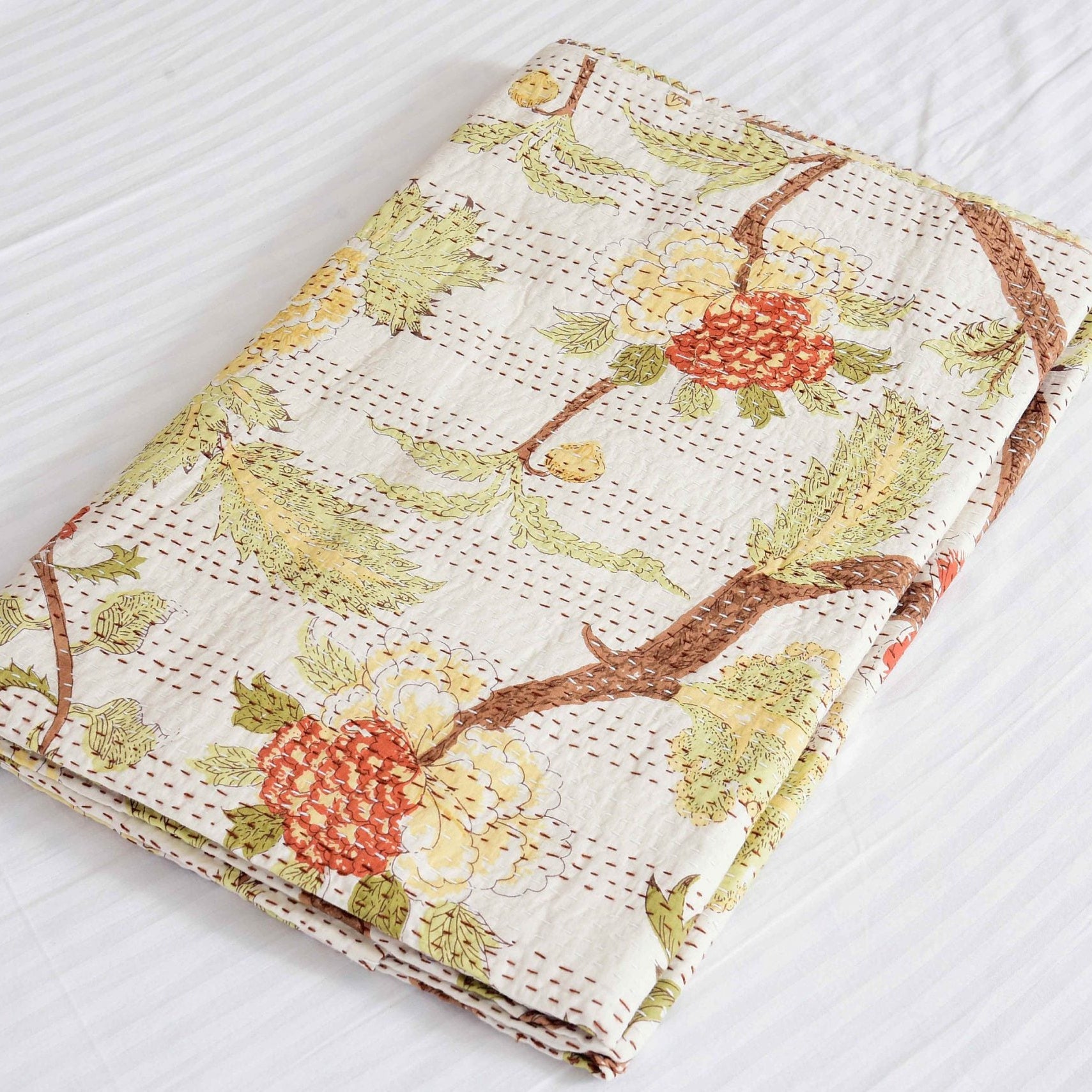 Linen Connections Kantha Quilt Indian Quilt Block Print Quilt Bedspread Bohemian Boho Cotton Throw Quilt Handmade Baby Blanket