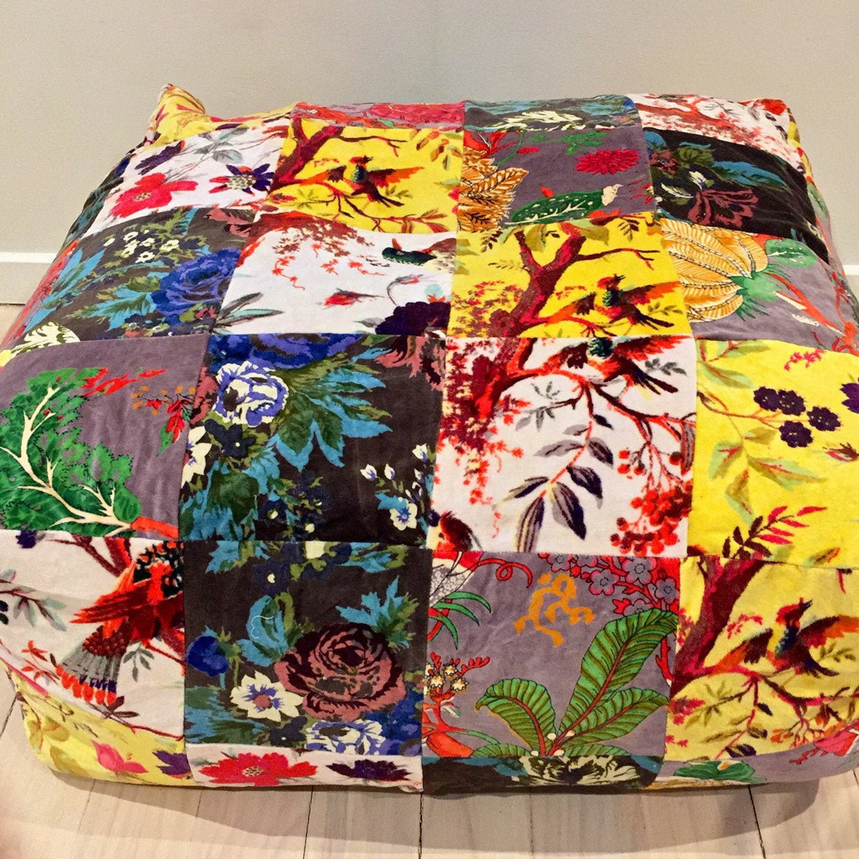 Velvet Patchwork Cushion Cover Ottoman Pouffe - Colourful Lagoon