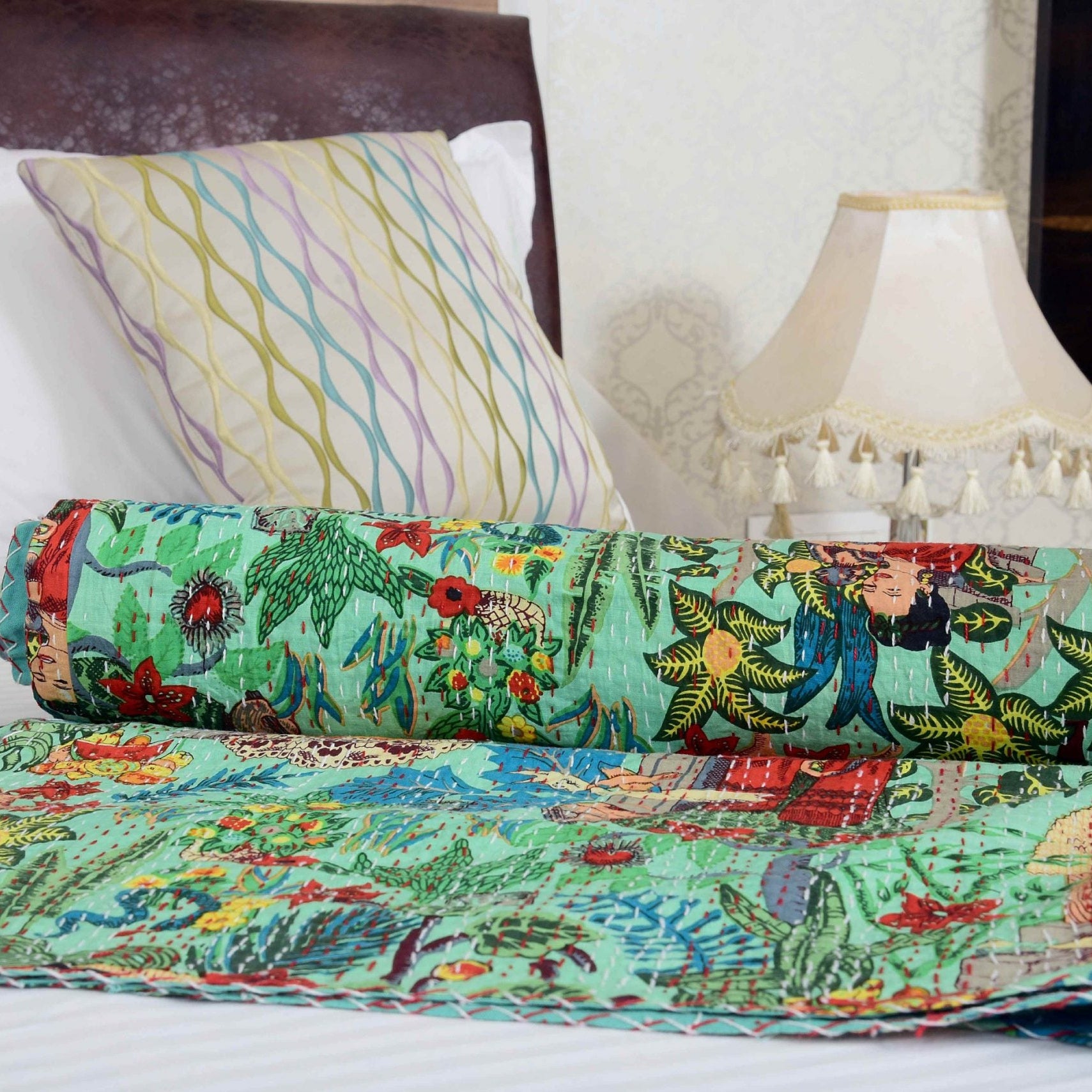 Linen Connections Indian Kantha Quilt - Frida Green