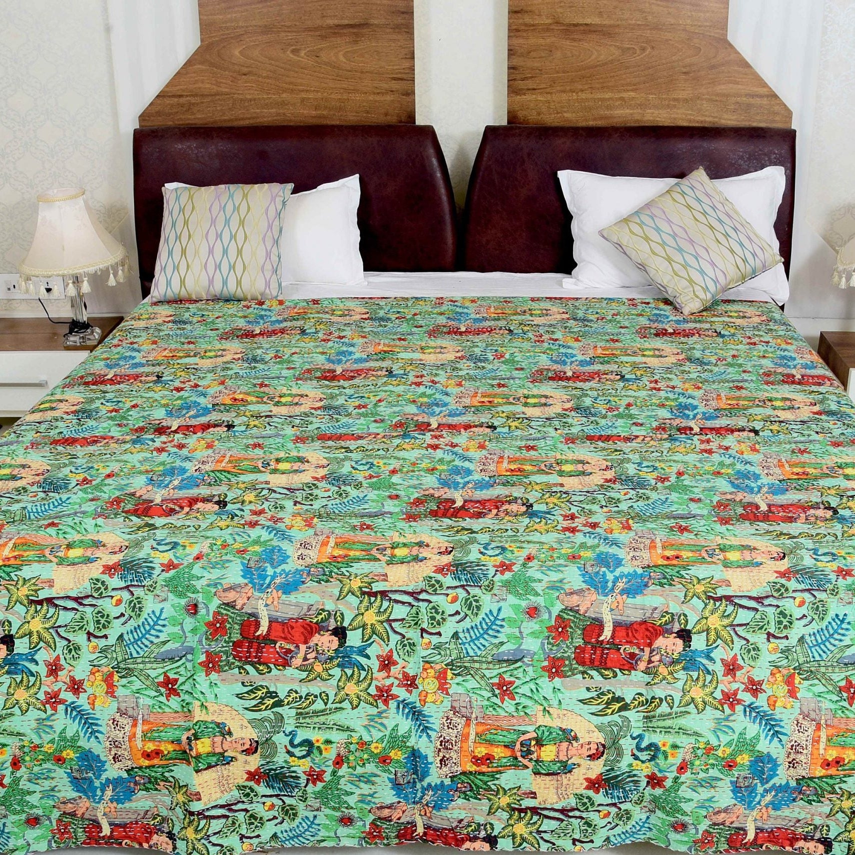 Linen Connections Indian Kantha Quilt - Frida Green