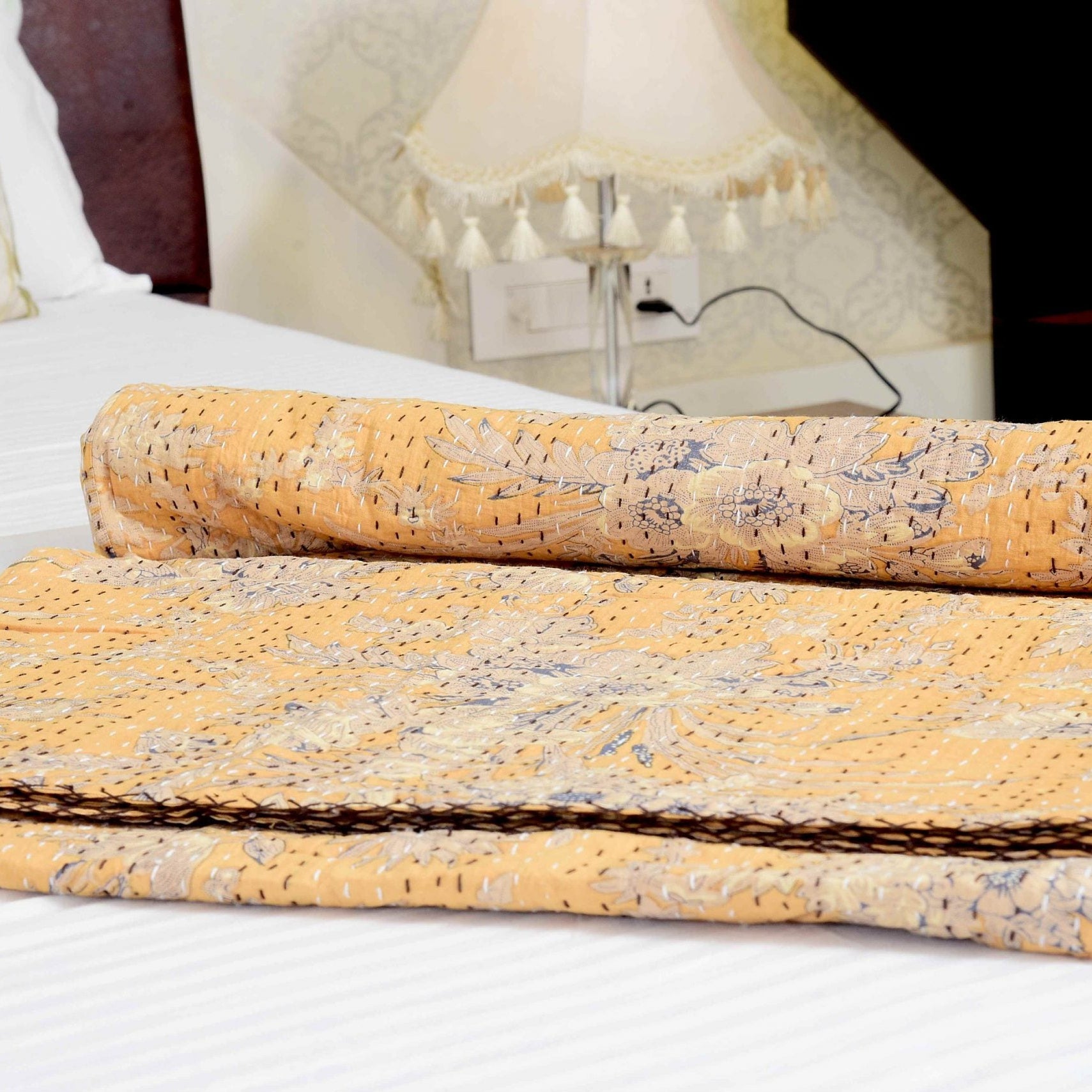 Linen Connections Handmade Indian Kantha Quilt - Pale Fiery