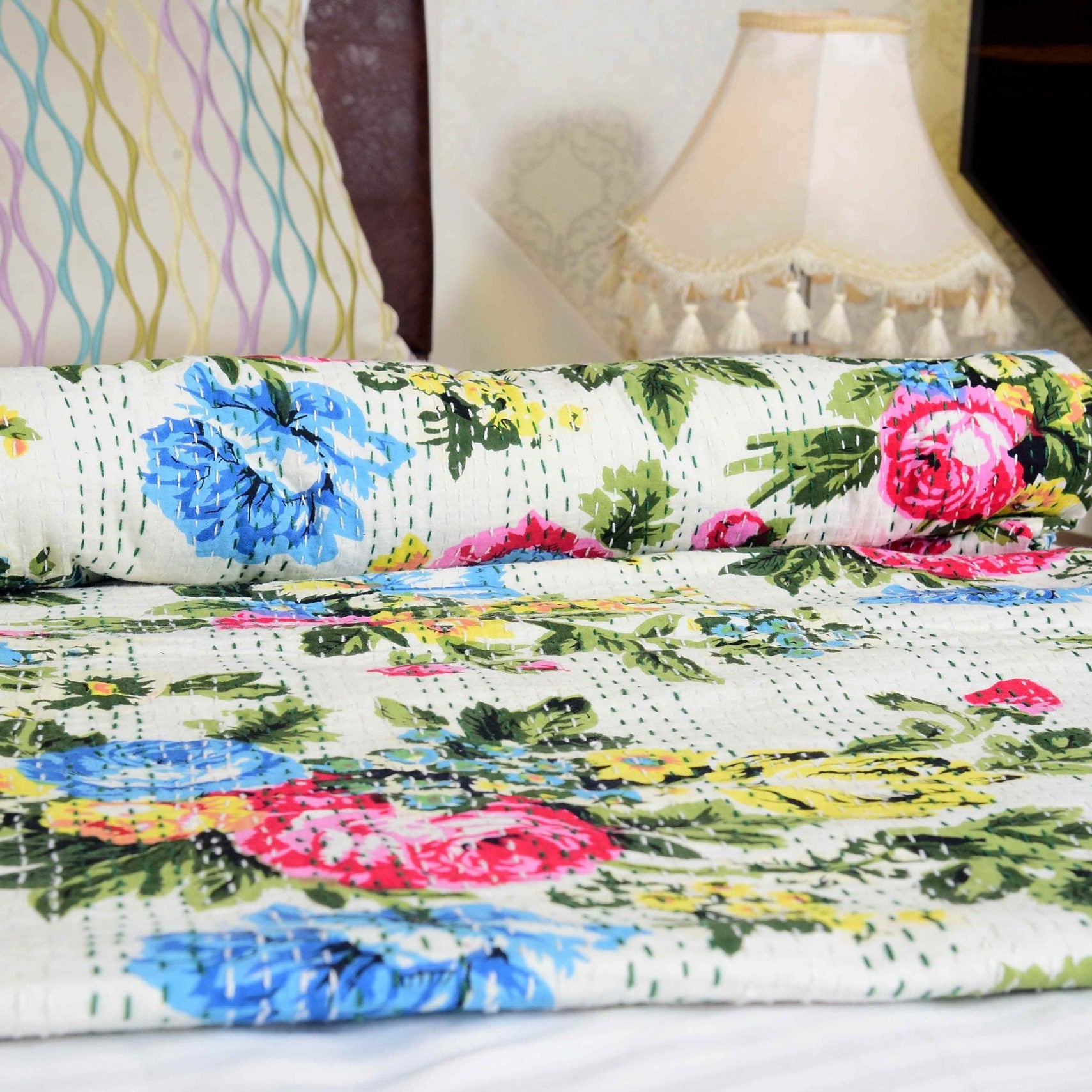 Linen Connections Kantha Quilt Indian Quilt Block Print Quilt Bedspread Bohemian Boho Cotton Throw Quilt Handmade Baby Blanket