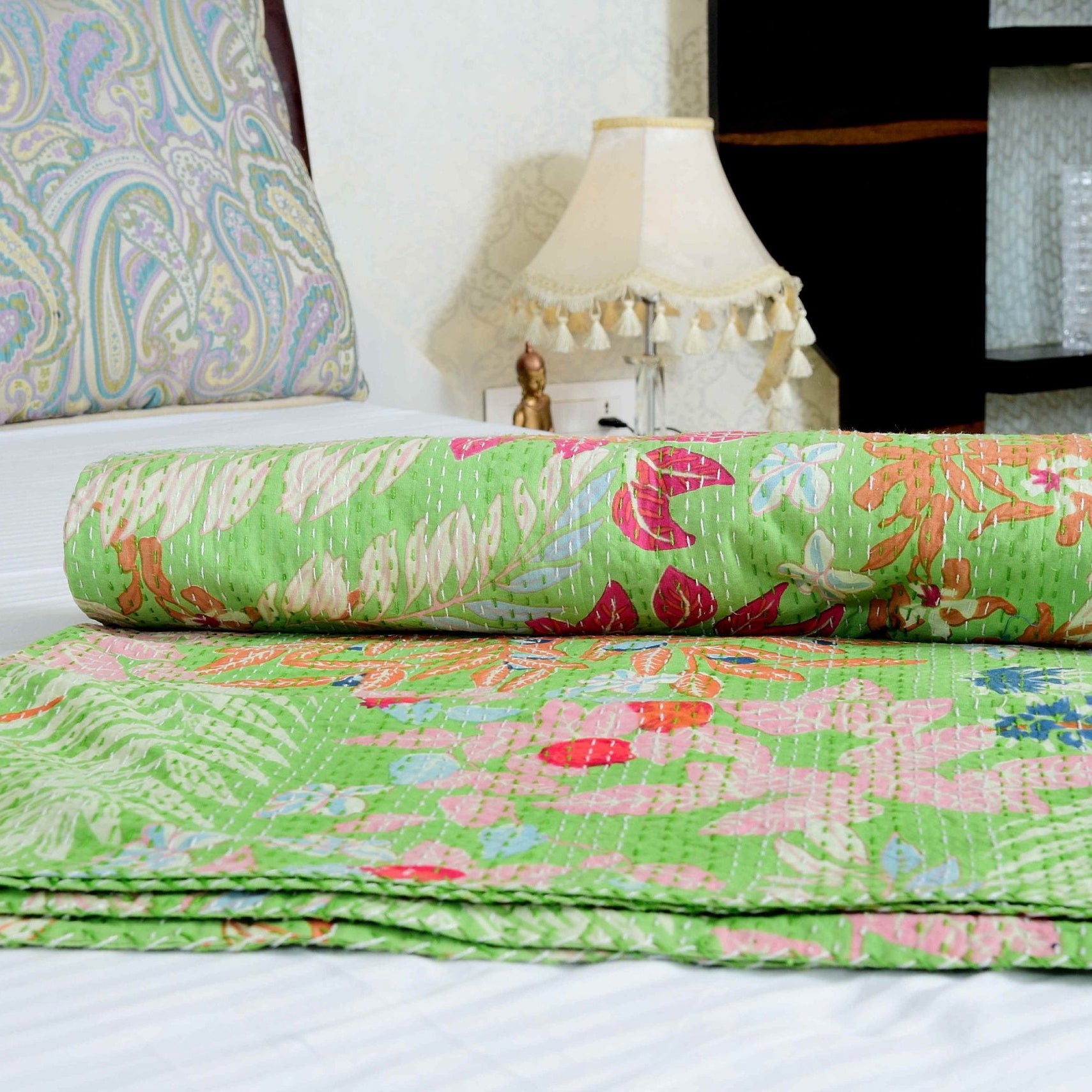 Vintage Hand Made Indian Kantha Bed Spread Blanket Throw Quilt King Size Home DecorBedroom Boho Decor