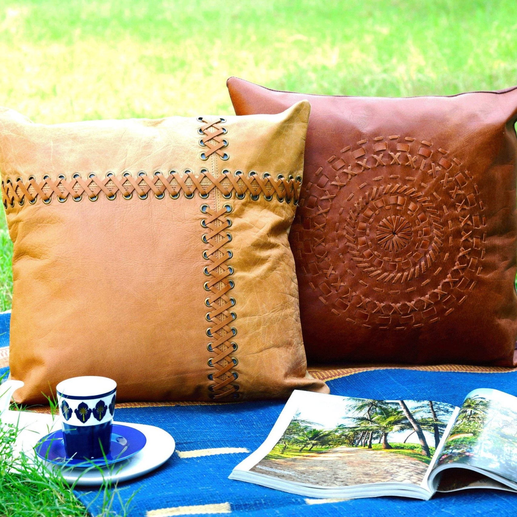 100% Tan Leather Cushion Cover - Beige Leather