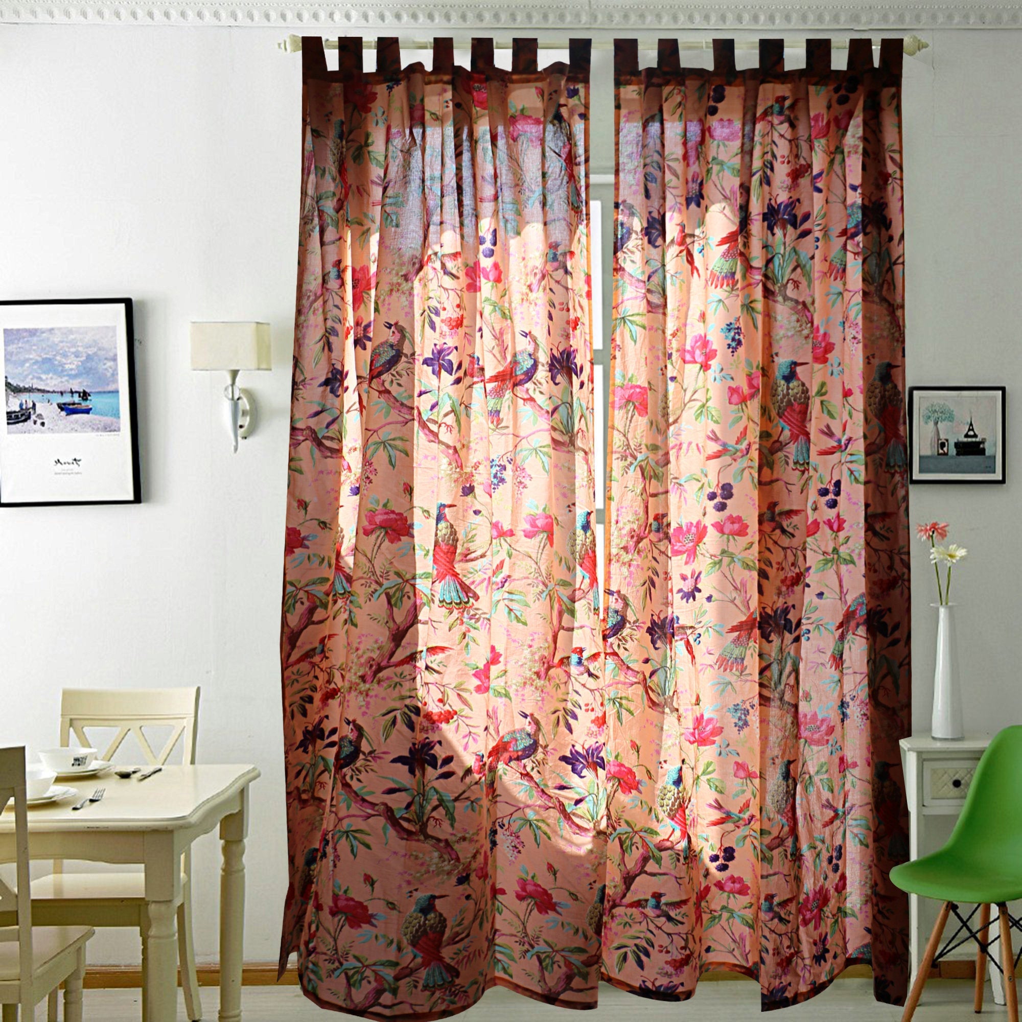 'Floral Aviary' 100% Cotton Boho Curtains