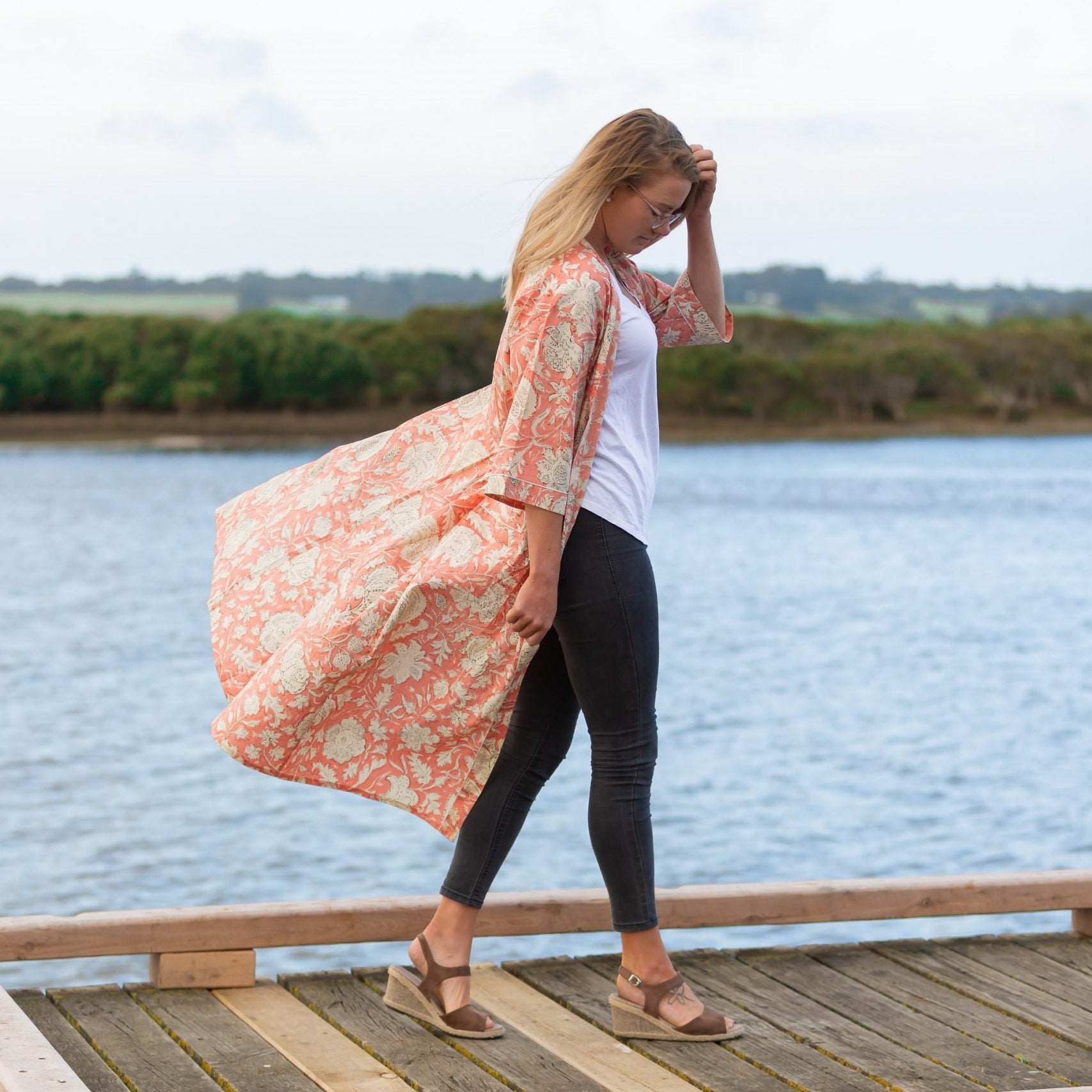 'Blushing Sunset Petal' Kimono' 100% Cotton Bathrobe