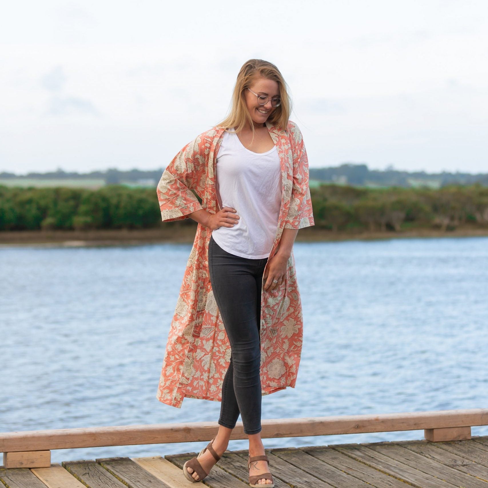 'Blushing Sunset Petal' Kimono' 100% Cotton Bathrobe