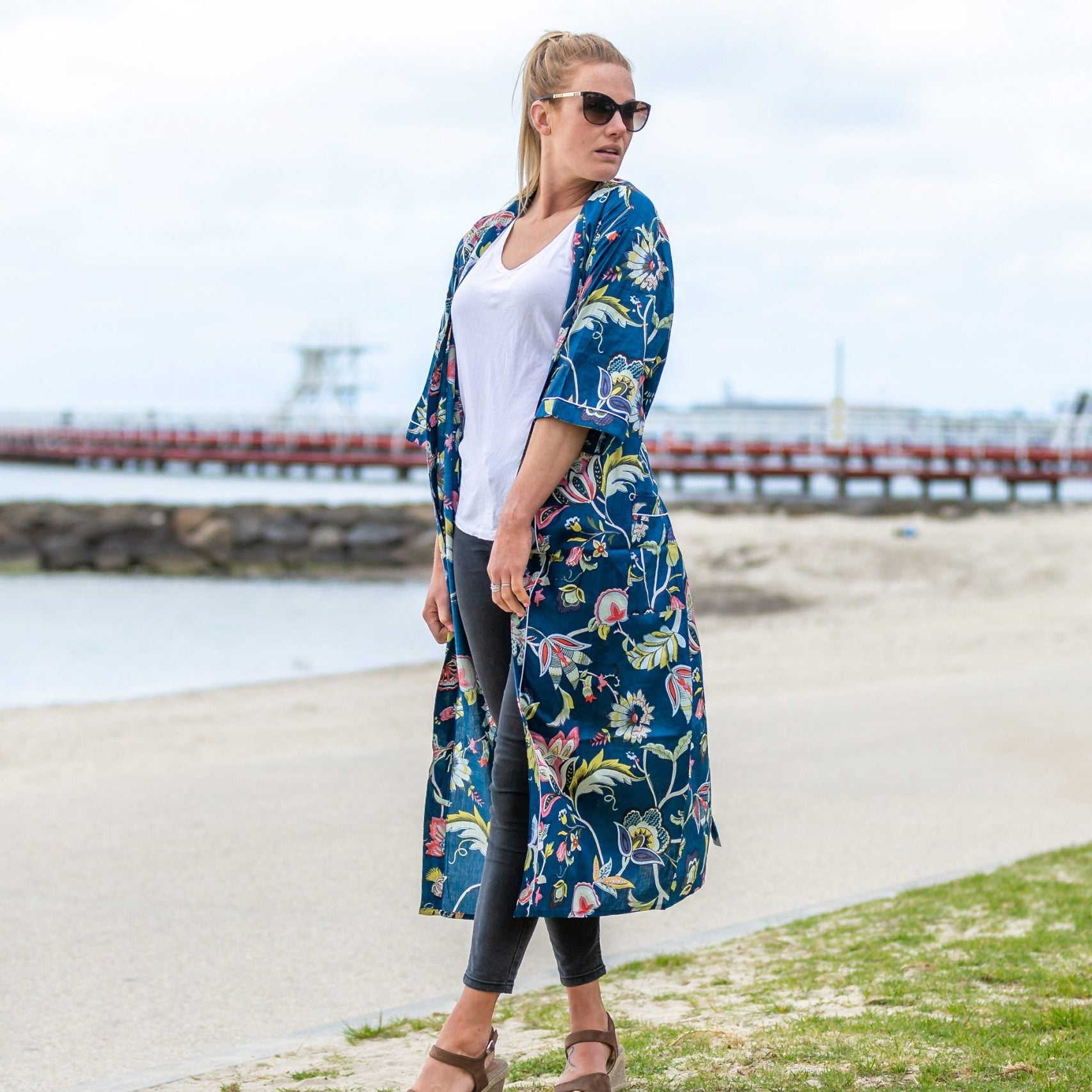 'Blue Petals' Kimono 100% Cotton Bathrobe
