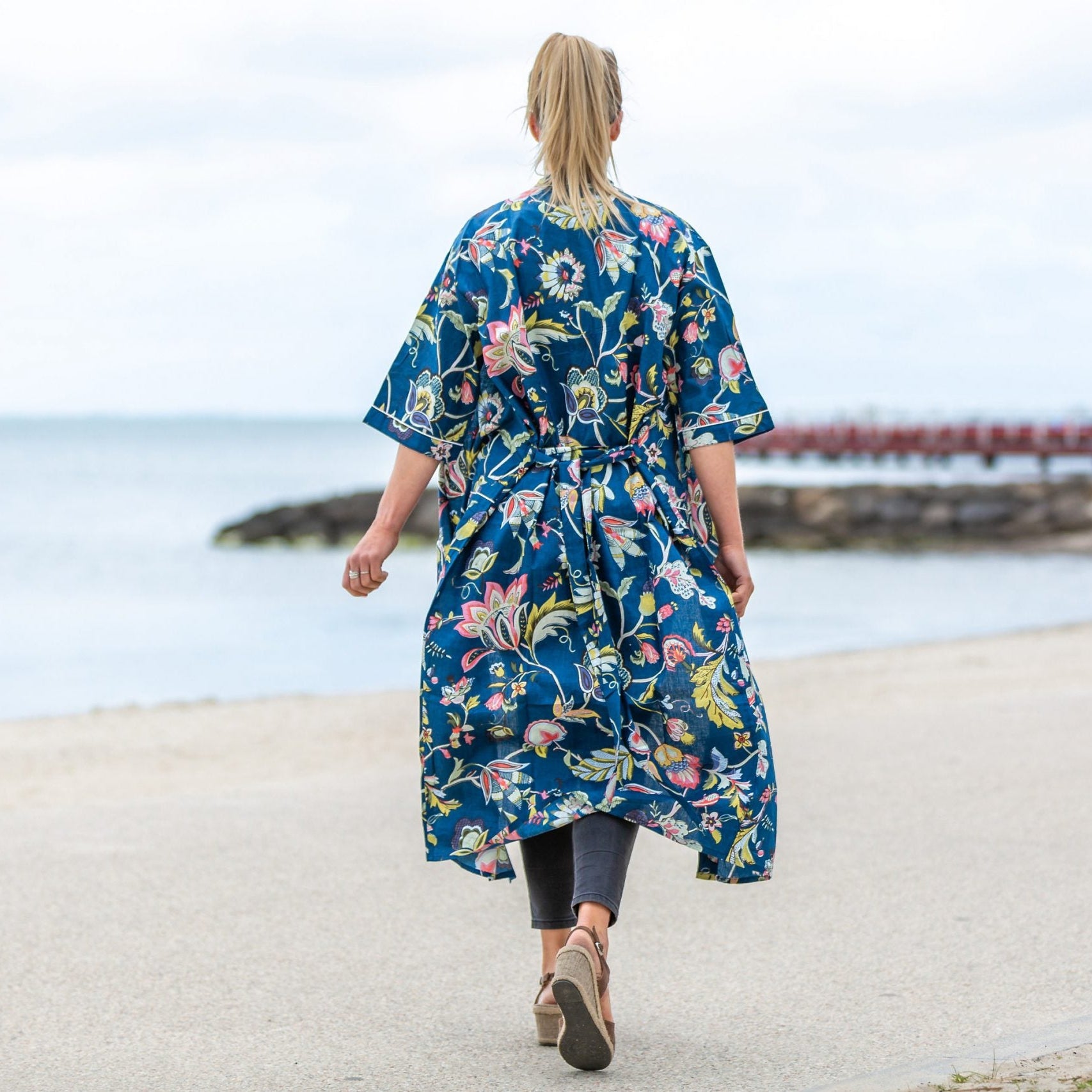 'Blue Petals' Kimono 100% Cotton Bathrobe