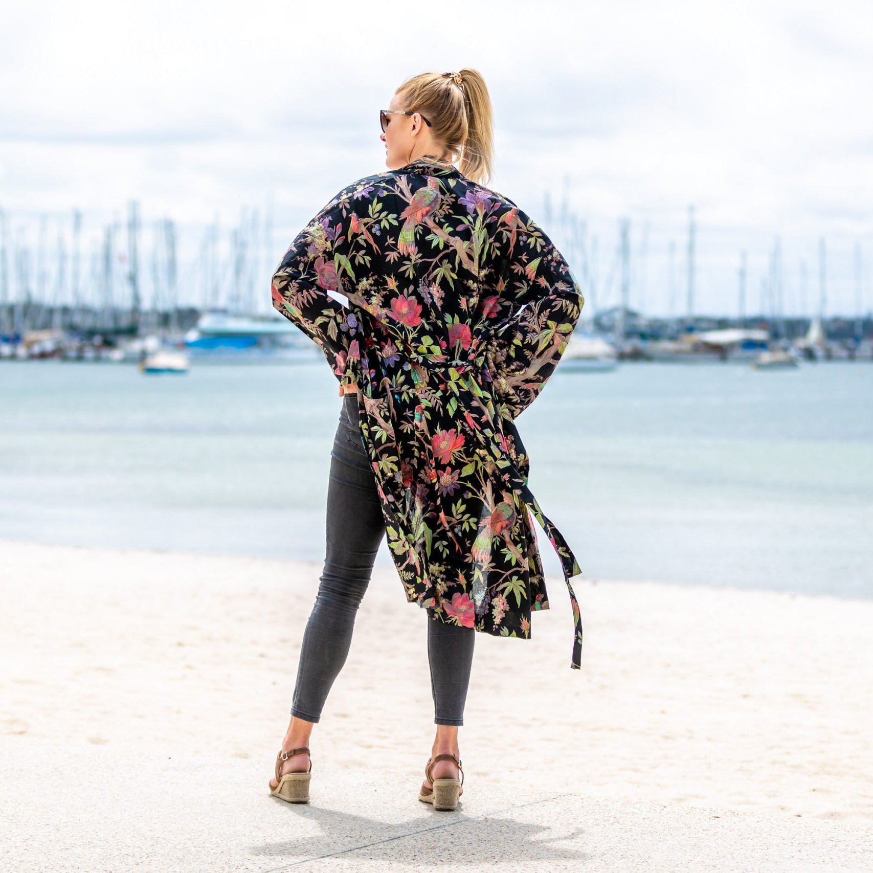 'Noir Blooms' Kimono 100% Cotton Bathrobe