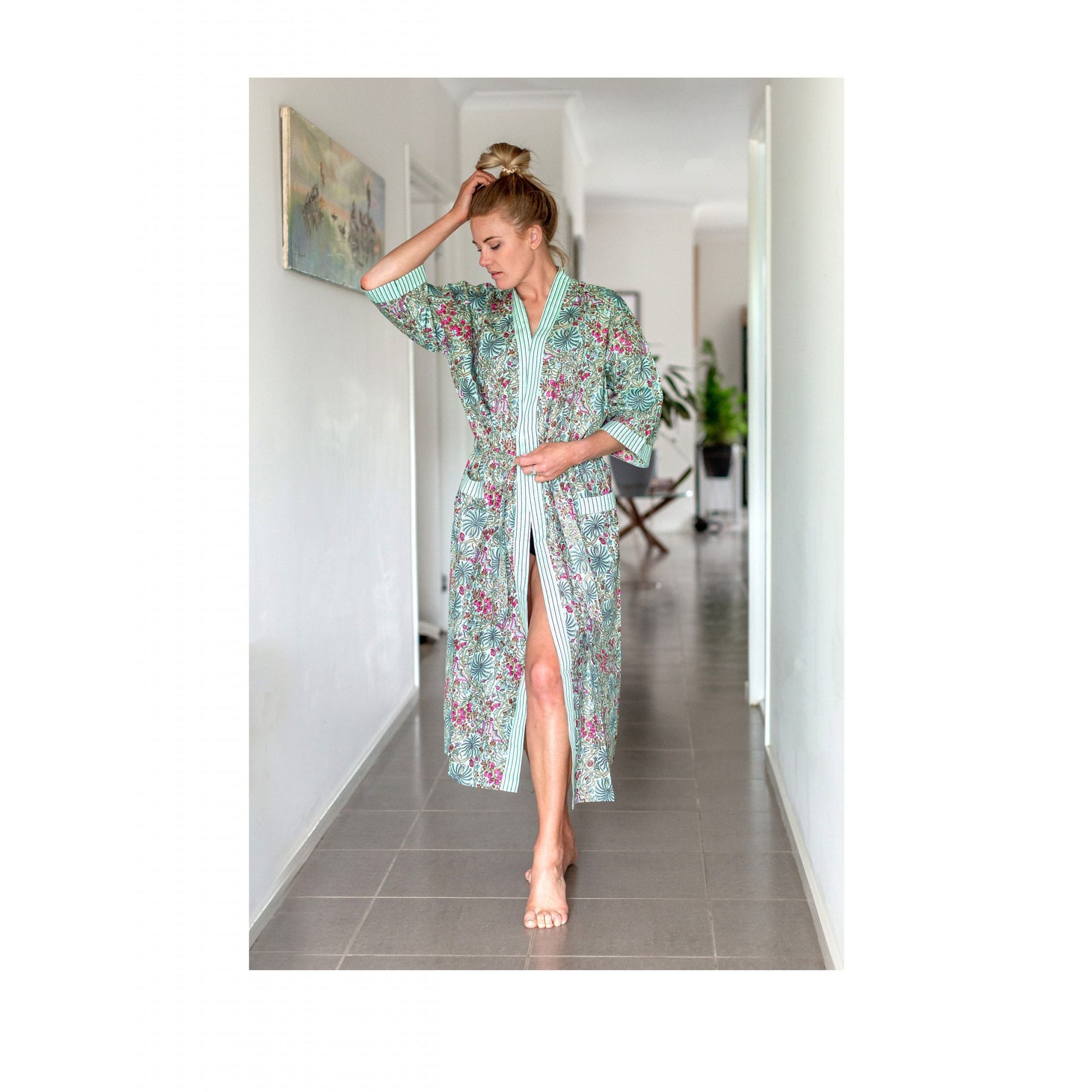 'Verdant Valley' Kimono' 100% Cotton Bathrobe