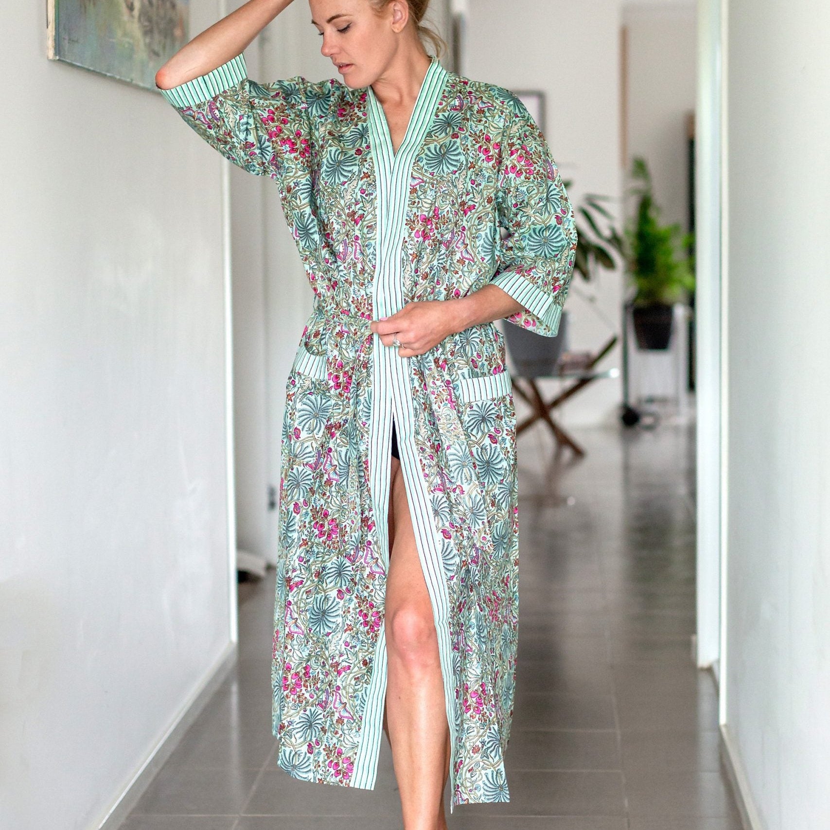 'Verdant Valley' Kimono' 100% Cotton Bathrobe
