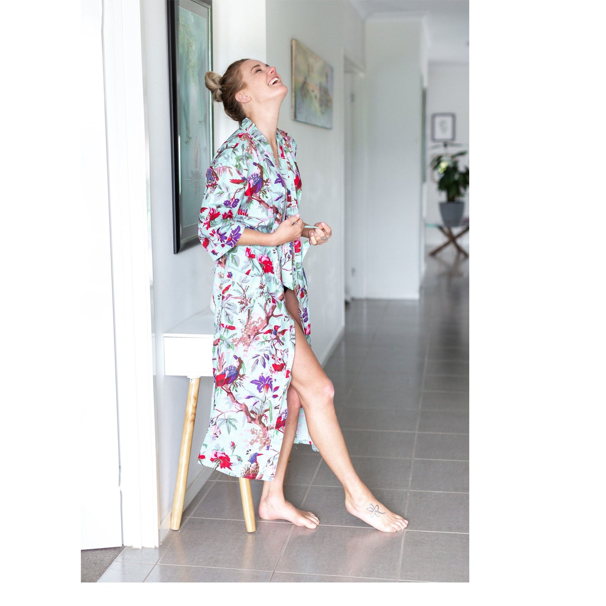 'Azure Aviary' Kimono' 100% Cotton Bathrobe