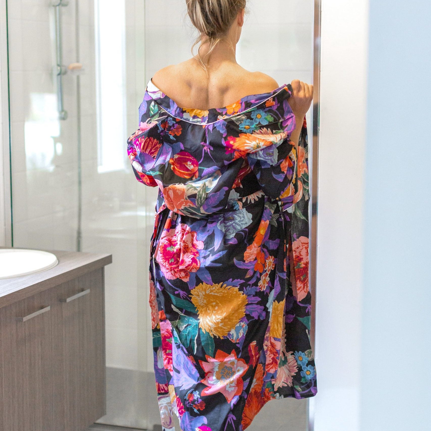 'Midnight Bloom' Kimono' 100% Cotton Bathrobe