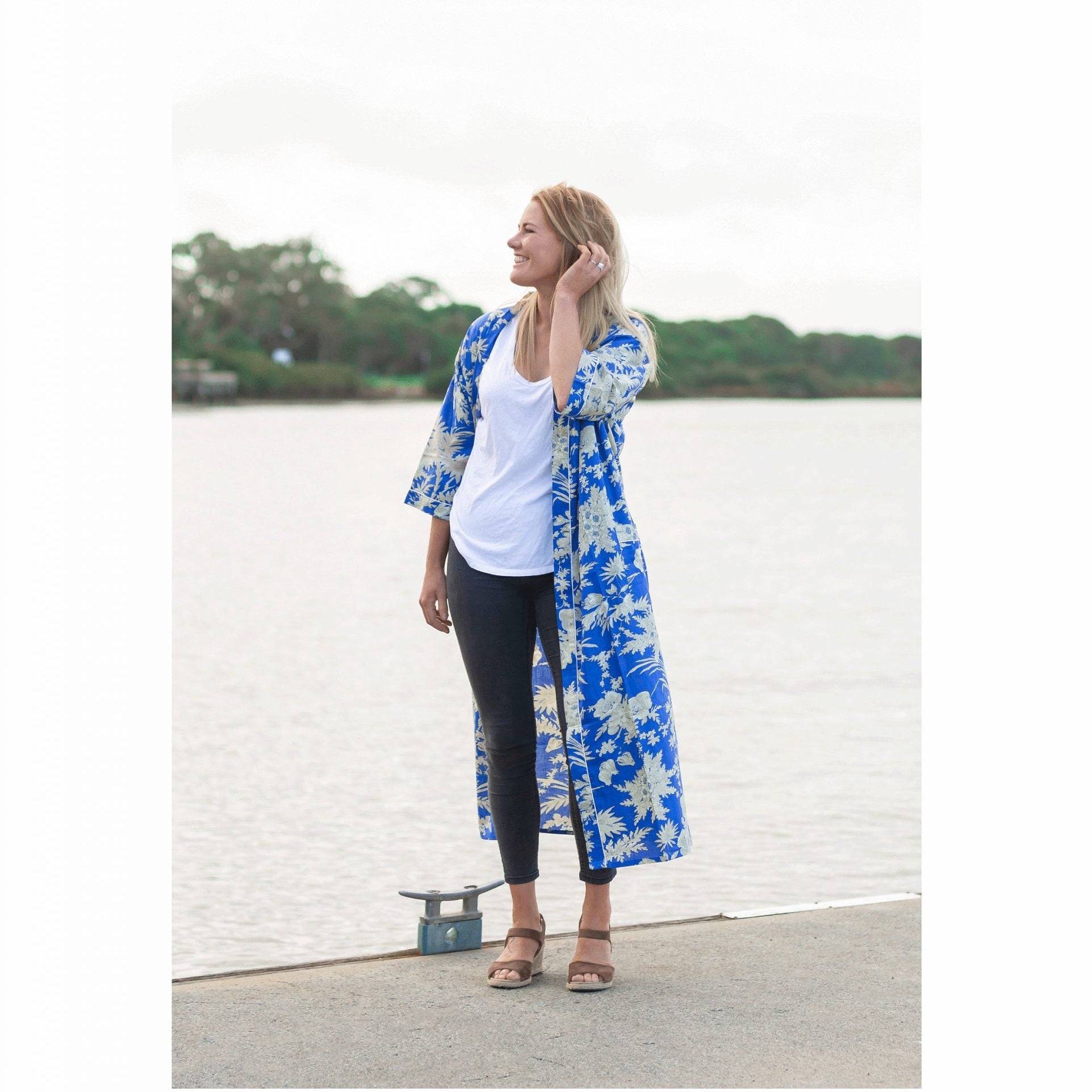 'Boho Blue' Kimono 100% Cotton Bathrobe