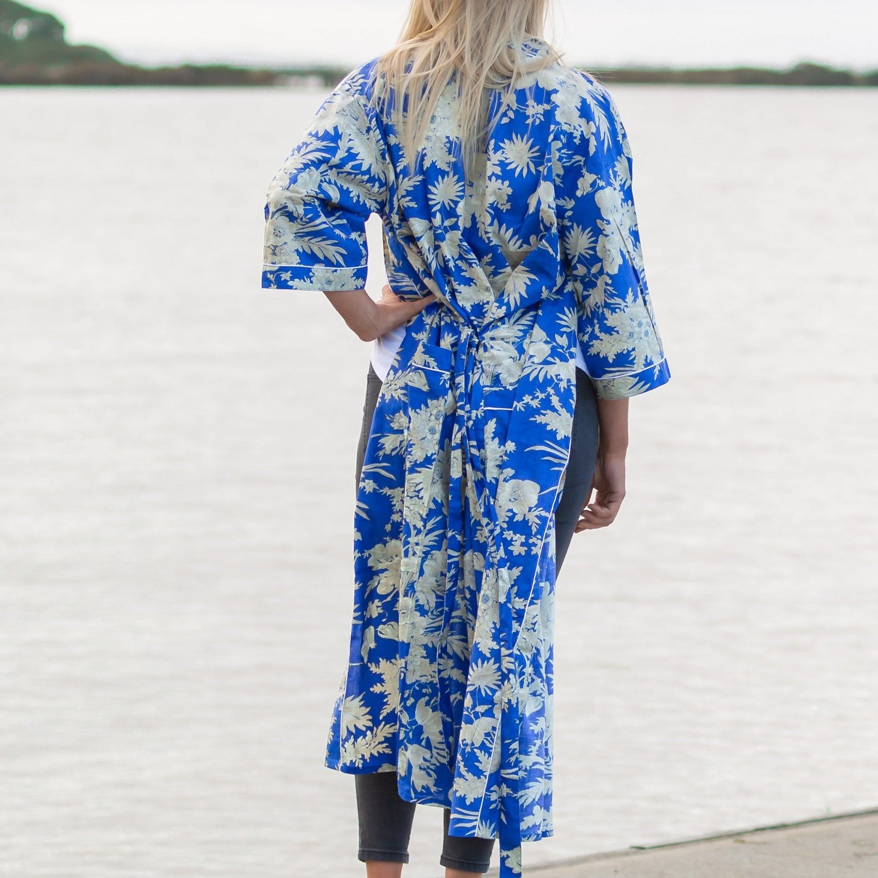 'Boho Blue' Kimono 100% Cotton Bathrobe