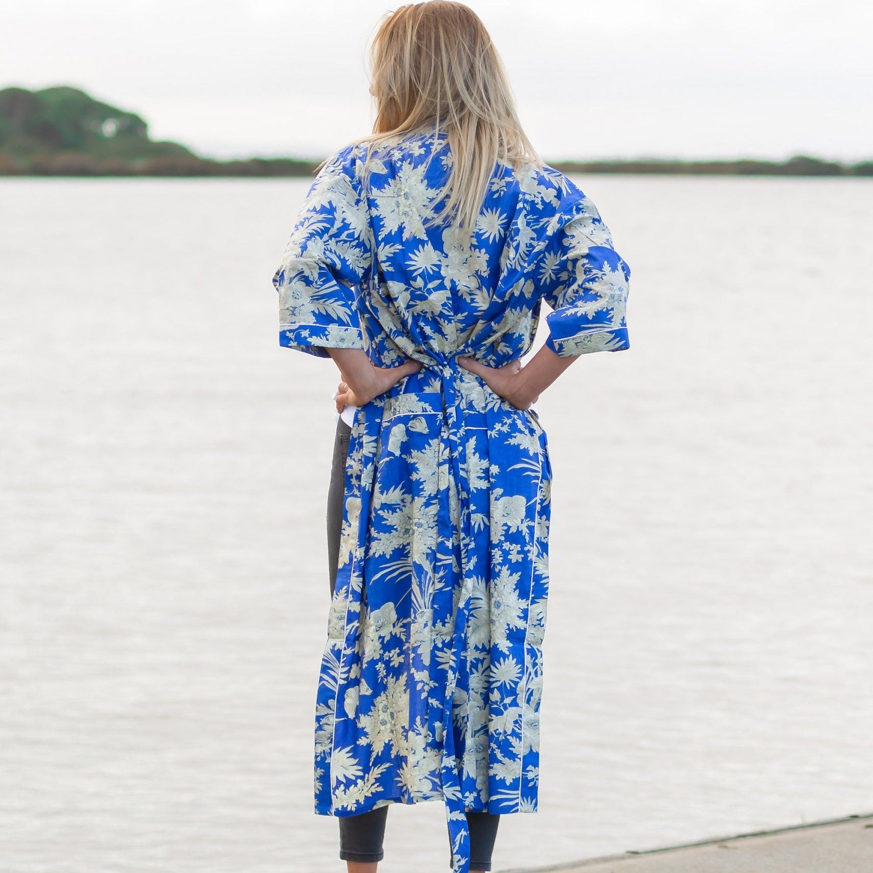 'Boho Blue' Kimono 100% Cotton Bathrobe
