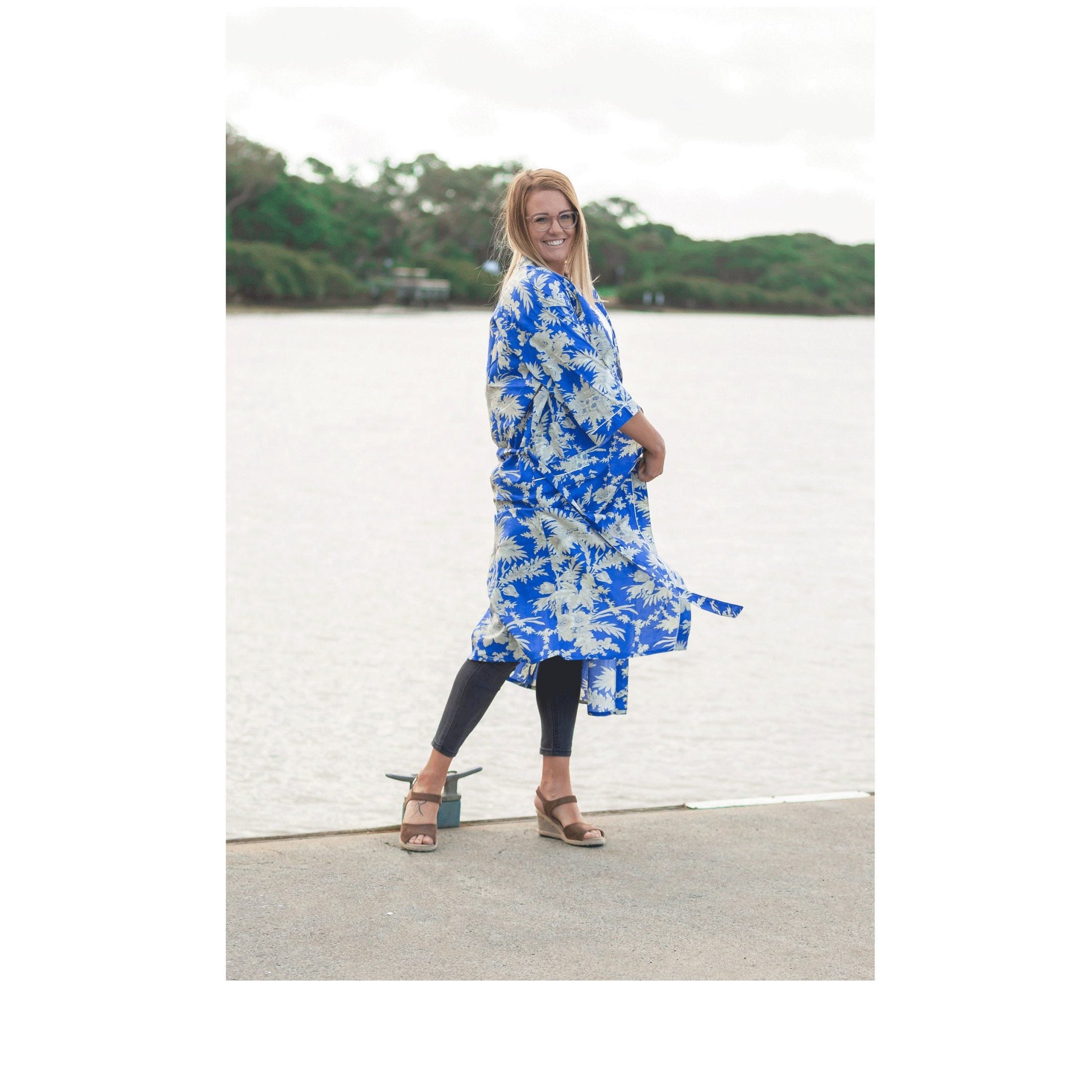 'Boho Blue' Kimono 100% Cotton Bathrobe