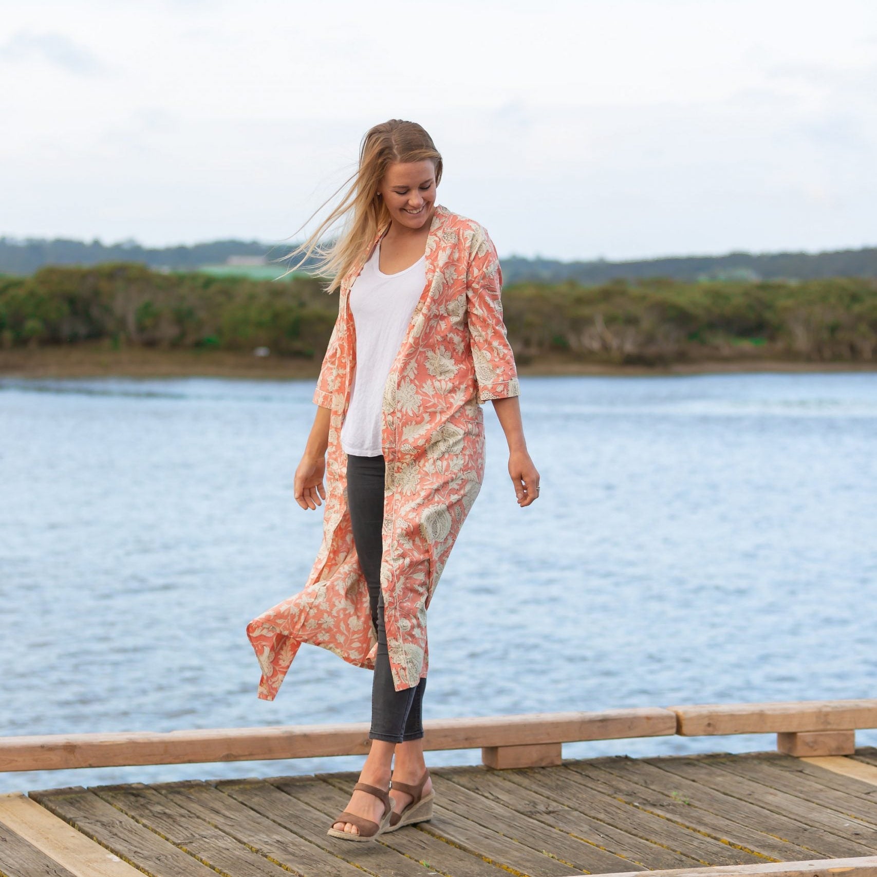 'Blushing Sunset Petal' Kimono' 100% Cotton Bathrobe