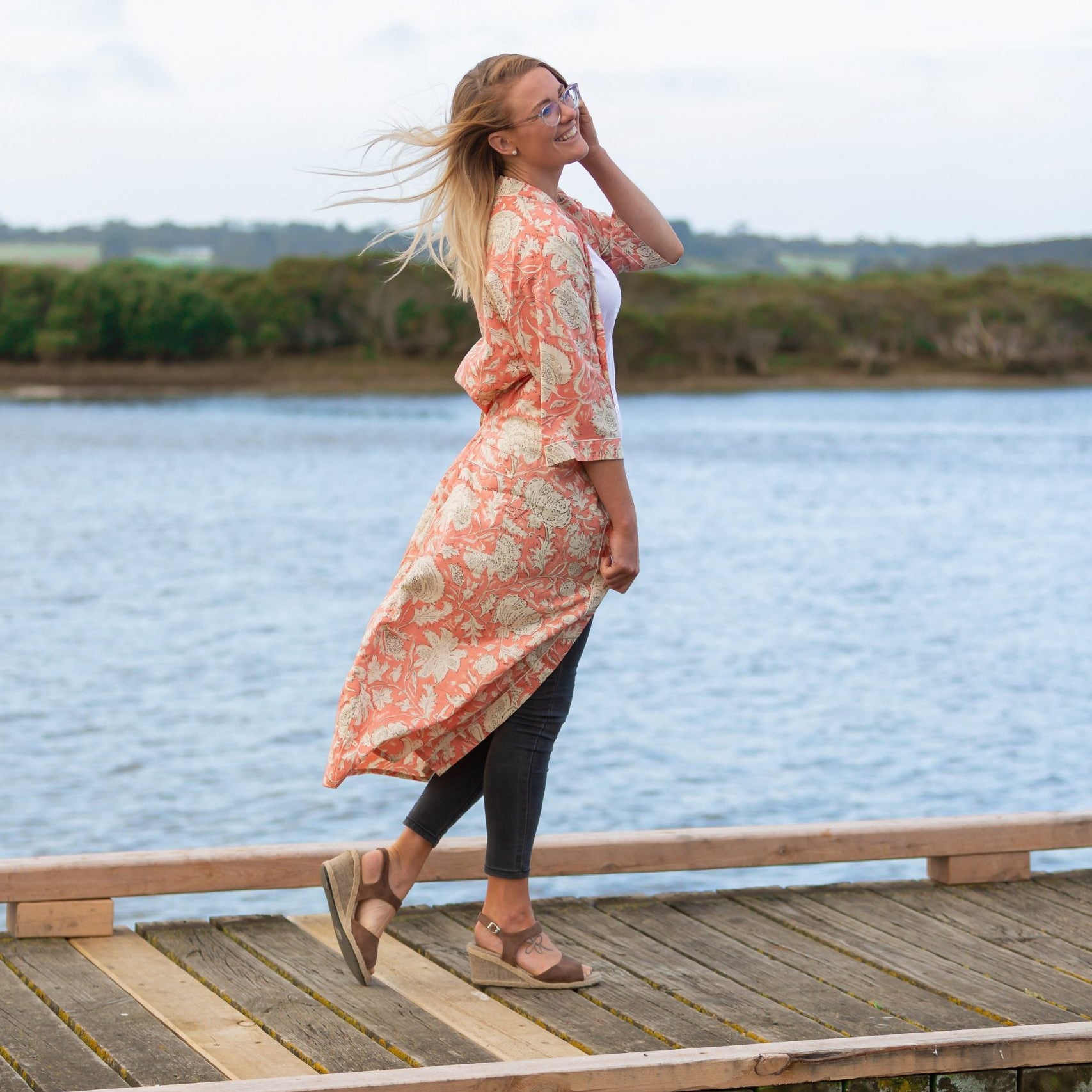 'Blushing Sunset Petal' Kimono' 100% Cotton Bathrobe