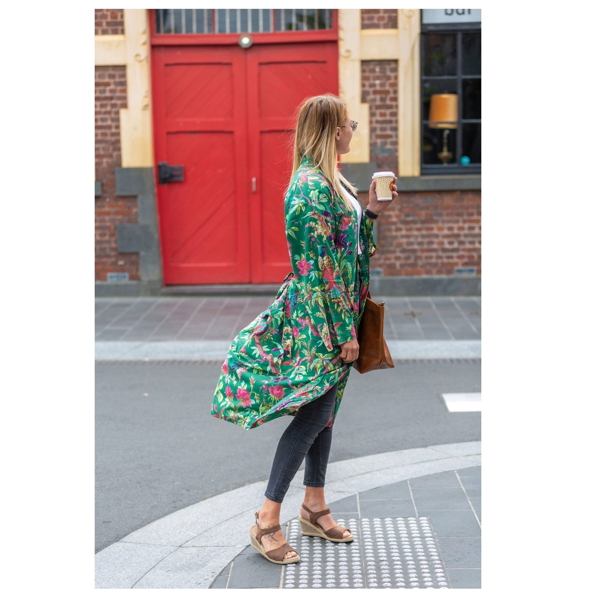 'Emerald Foliage' Kimono' 100% Cotton Bathrobe