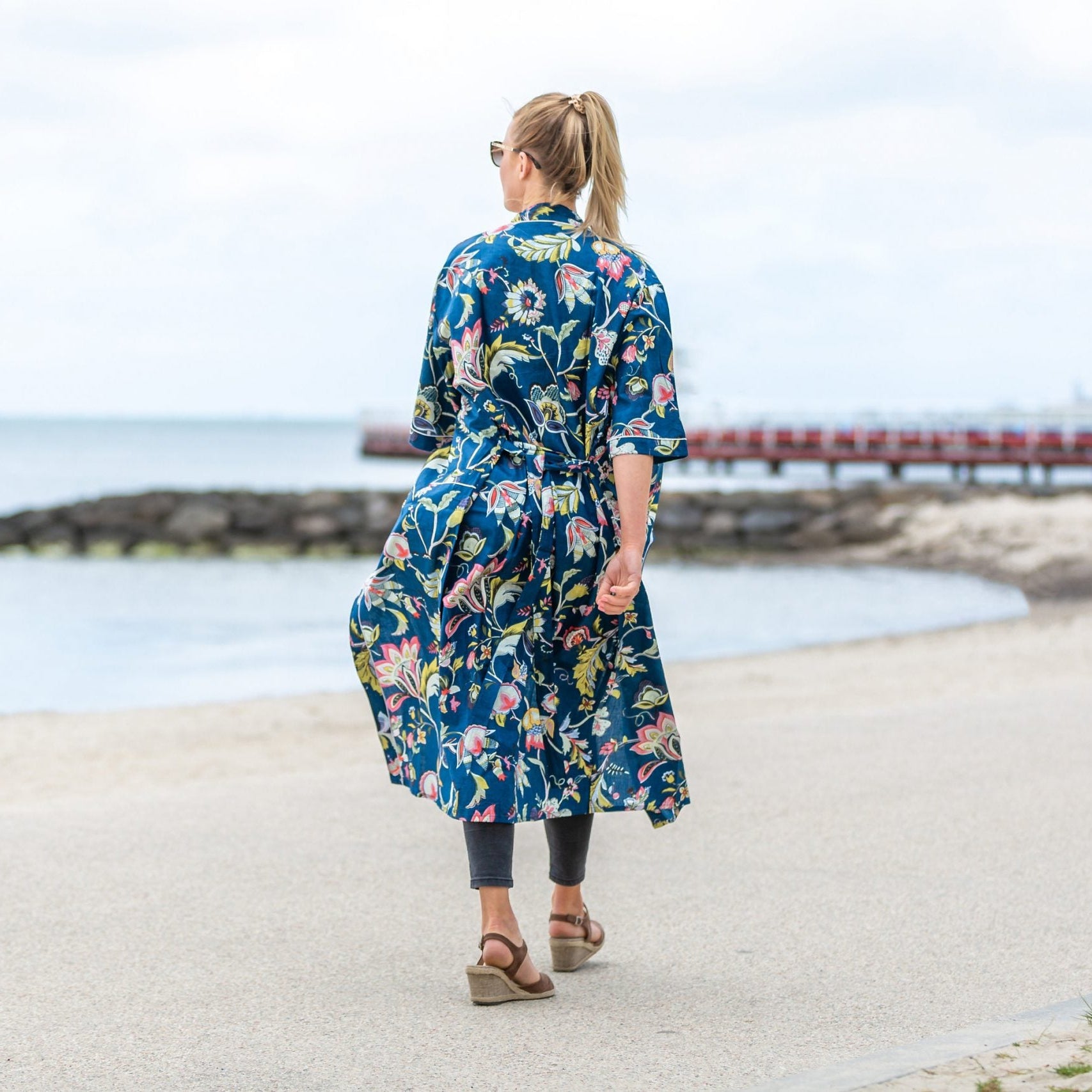 'Blue Petals' Kimono 100% Cotton Bathrobe