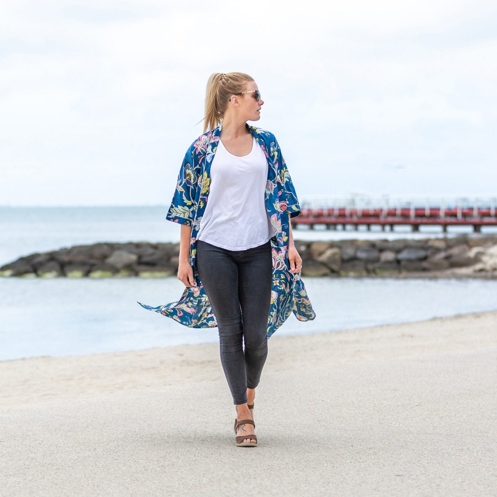 'Blue Petals' Kimono 100% Cotton Bathrobe