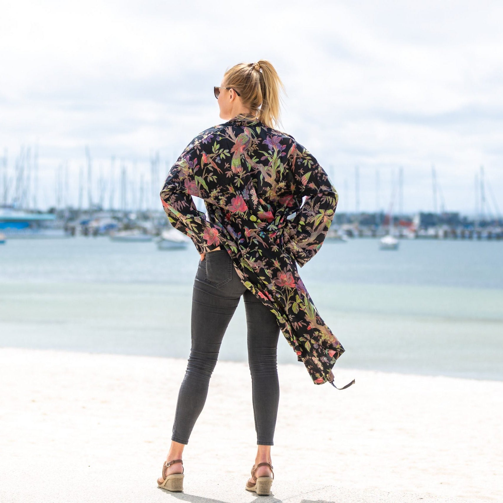 'Noir Blooms' Kimono 100% Cotton Bathrobe