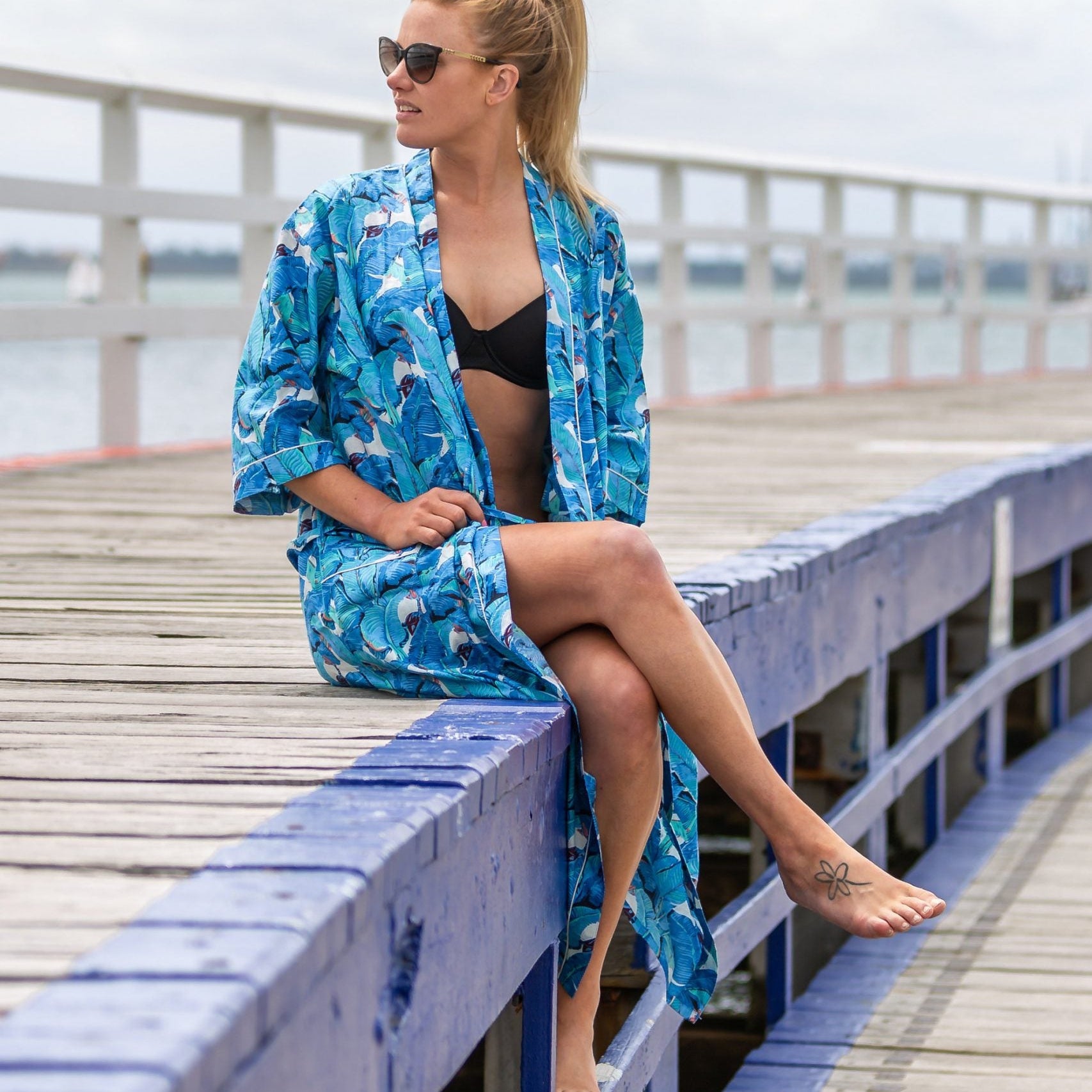 'Blue Tropics' Kimono 100% Cotton Bathrobe