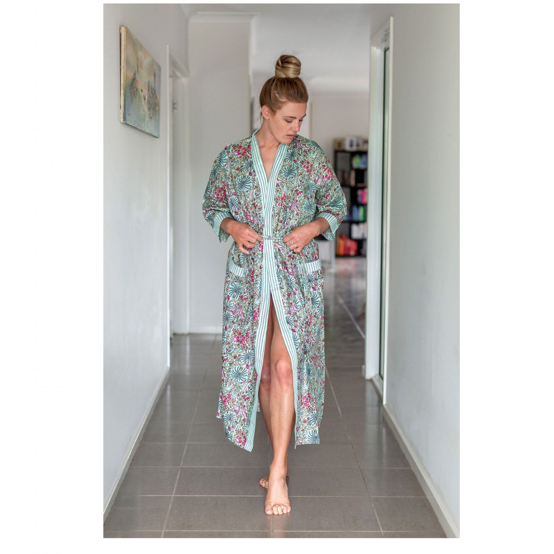 'Verdant Valley' Kimono' 100% Cotton Bathrobe