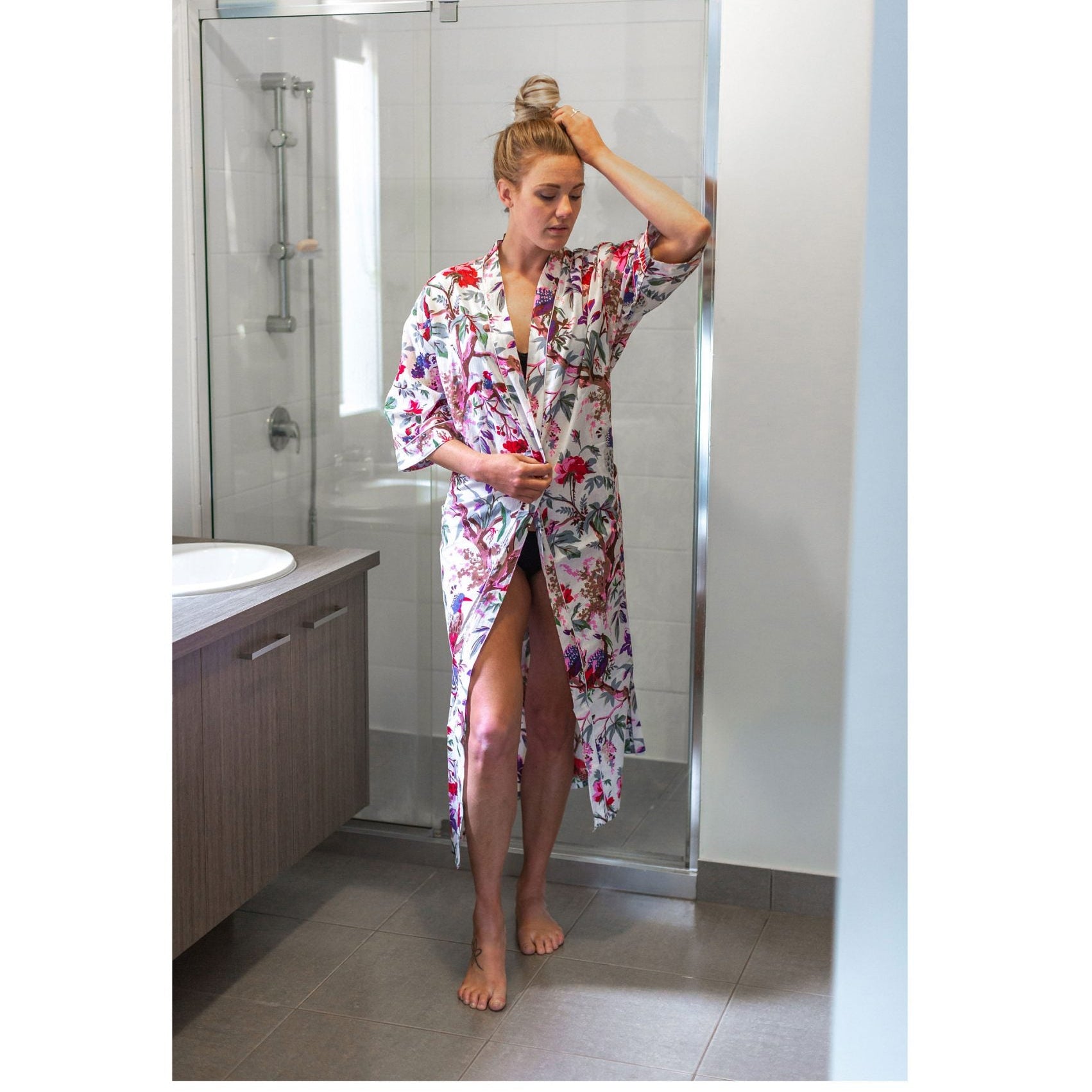 'Ivory Aviary' Kimono' 100% Cotton Bathrobe