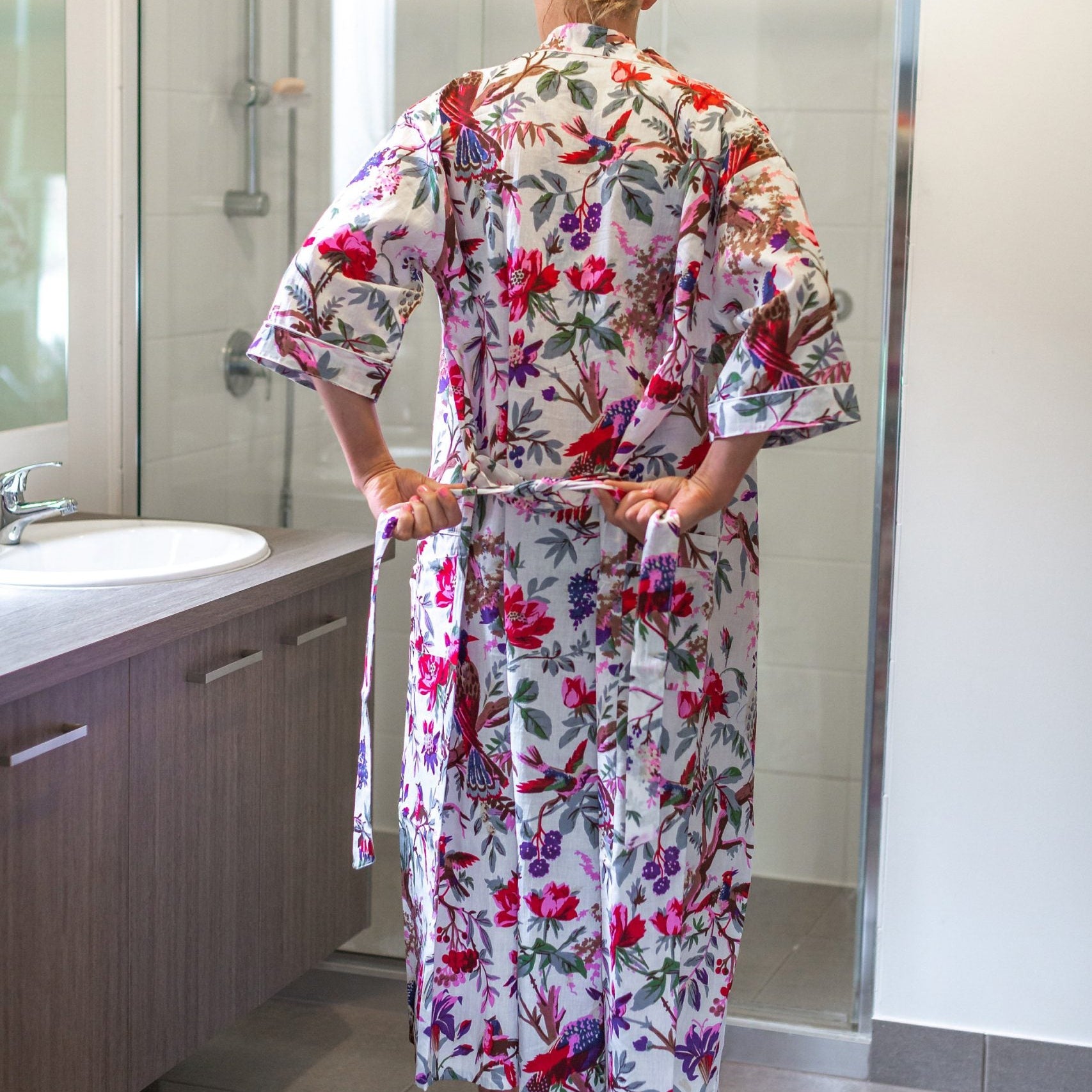 'Ivory Aviary' Kimono' 100% Cotton Bathrobe