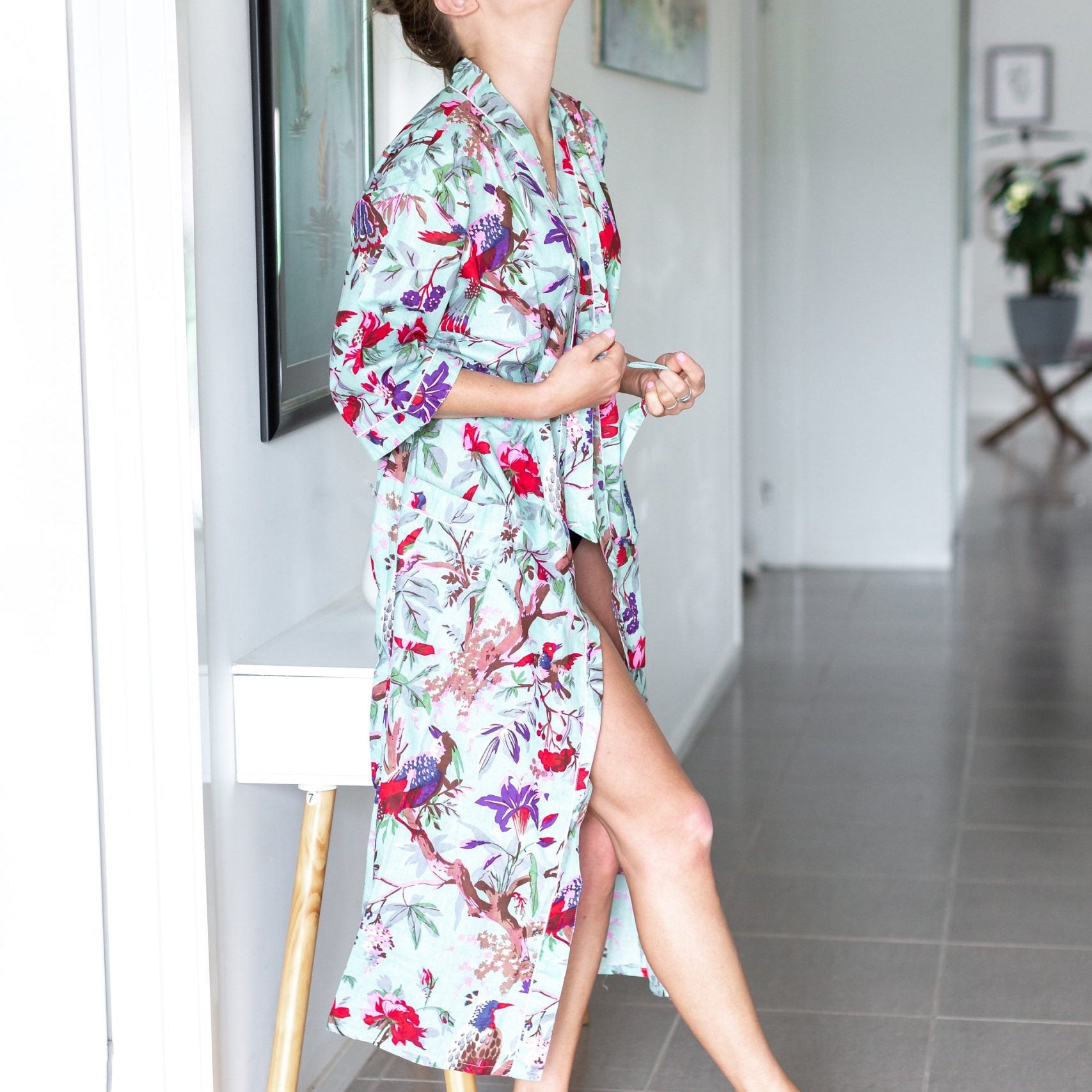 'Azure Aviary' Kimono' 100% Cotton Bathrobe