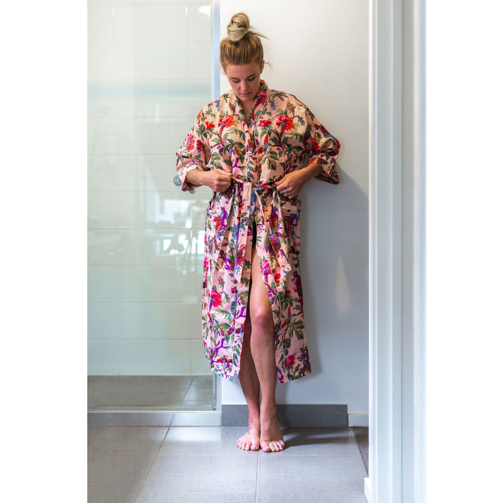 'Tan Paradise' Kimono' 100% Cotton Bathrobe