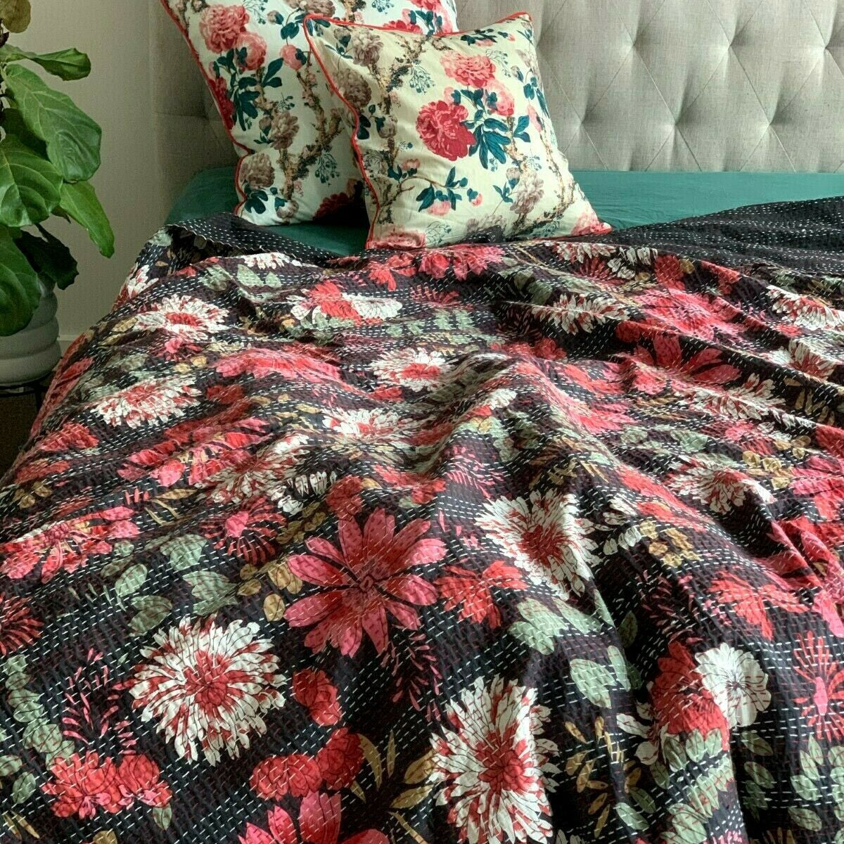 Vintage Indian Kantha Quilt Bedspread Isha