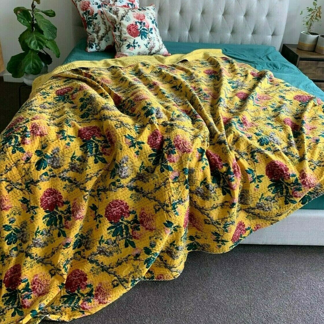 Vintage Indian Kantha Quilt Bedspread Mustard Rose