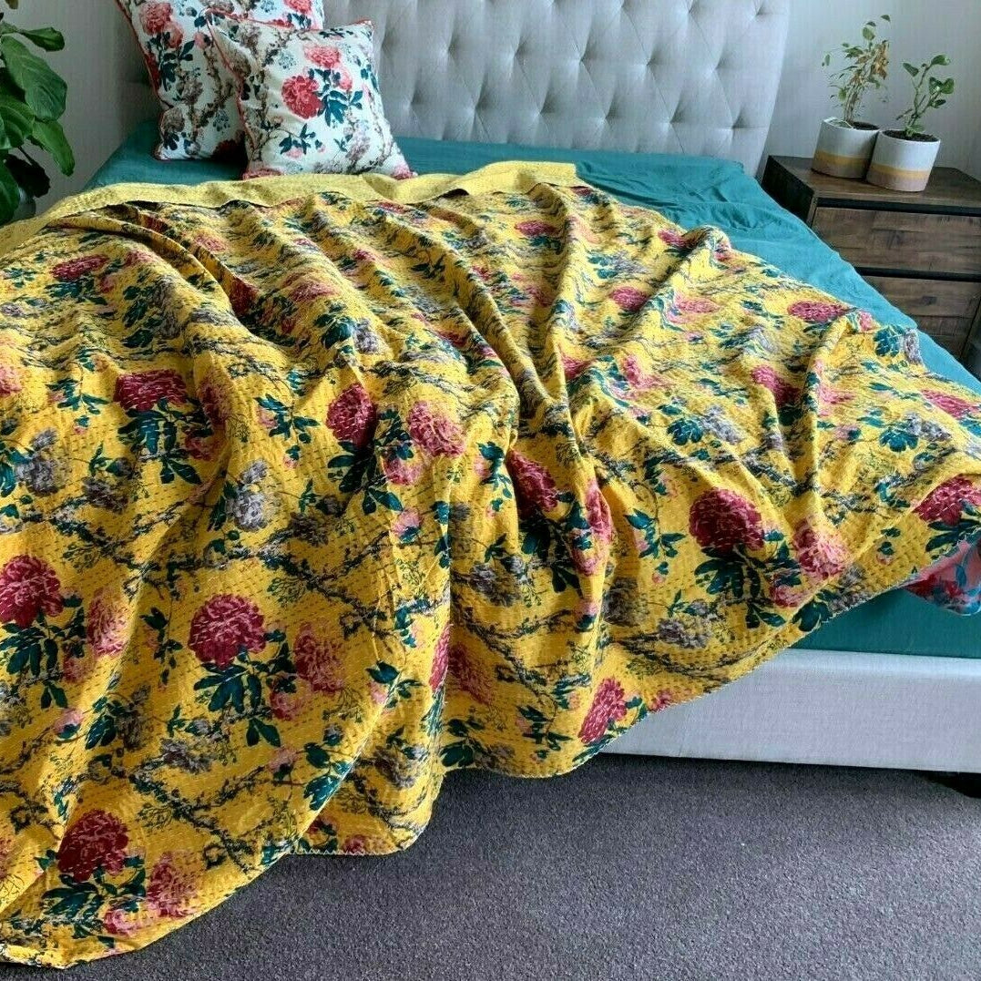 Vintage Indian Kantha Quilt Bedspread Mustard Rose